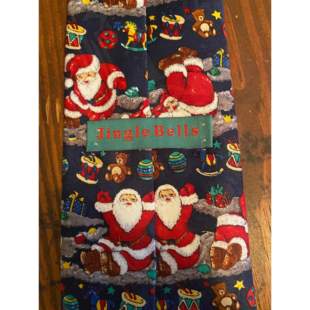 Jingle Bells Mens Christmas Santa Claus Teddy Bear Navy‎ Blue Polyester Necktie
